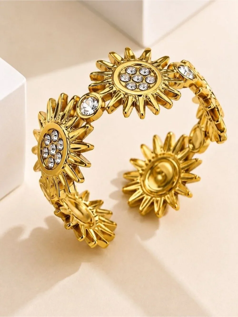 Gold Tone Sunflower Crystal Cuff Bracelet